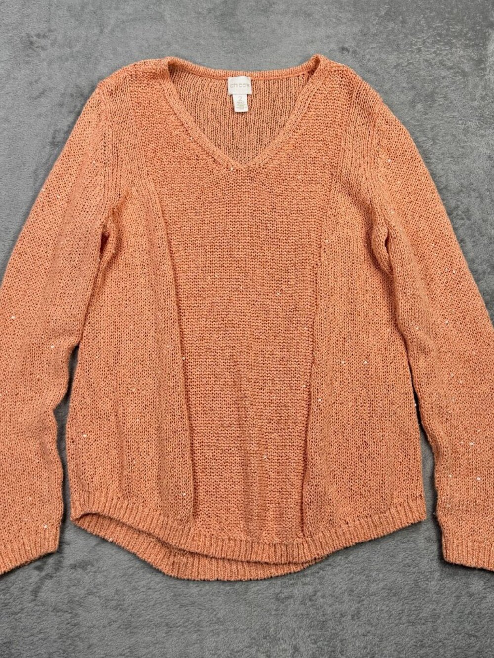 Chicos Coral Sequins Chunky Knit V-Neck Sweater Womens Large Preppy Summer